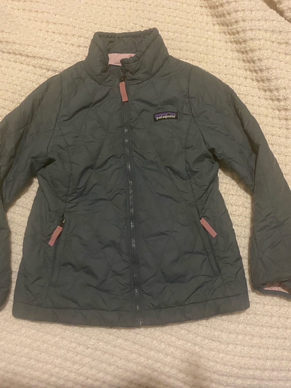 Patagonia Kids Quilted Puffer Jacket in Olive Green with Pink Accents